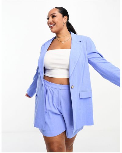 Simply Be Double Breasted Linen Look Blazer - Blue