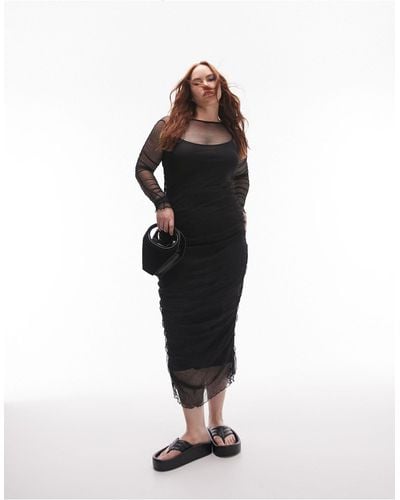 TOPSHOP Curve Crinkle Mesh Midi Dress With Ruching - Black
