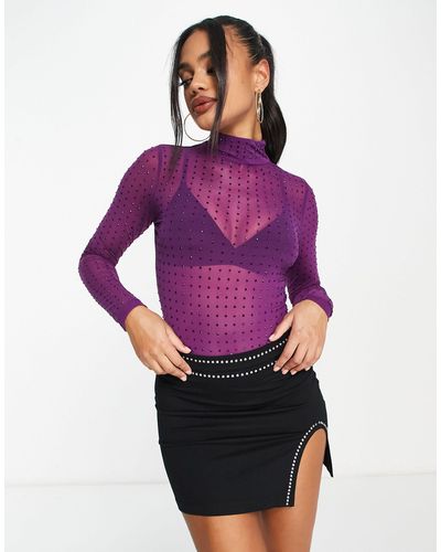 ASOS Hotfix Crystal Stud Mesh Bodysuit - Purple