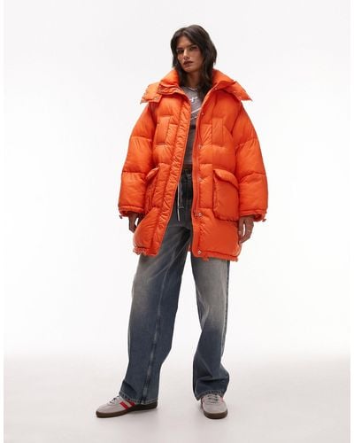 TOPSHOP Hooded Puffer Jacket - Orange