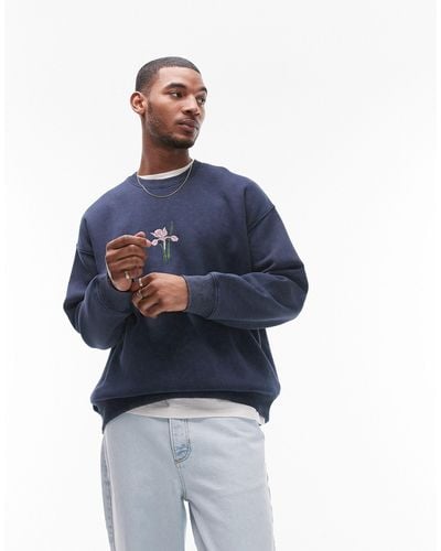 TOPMAN Oversized Fit Sweatshirt With Floral Embroidery - Blue