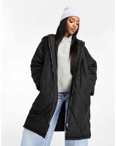 Pull&Bear Quilted Longline Hooded Coat - Black