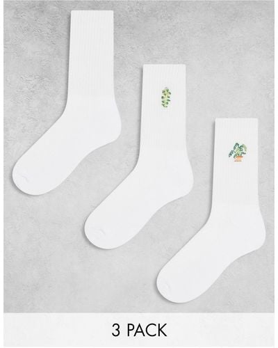 ASOS Confezione da 3 calze bianche con piante ricamate - Bianco