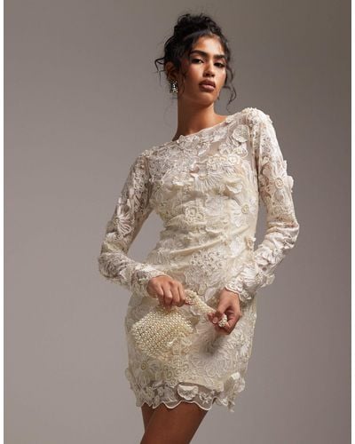 ASOS Long Sleeve Embroidered Mini Wedding Dress - Brown