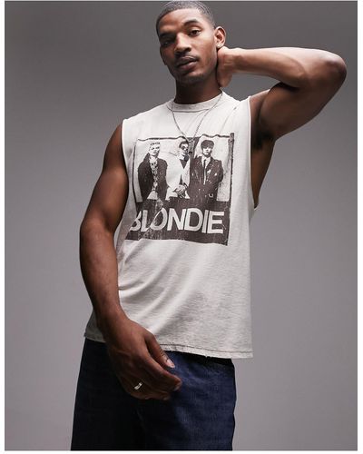 TOPMAN T-shirt oversize senza maniche pietra slavato con stampa "blondie" riquadrata - Marrone