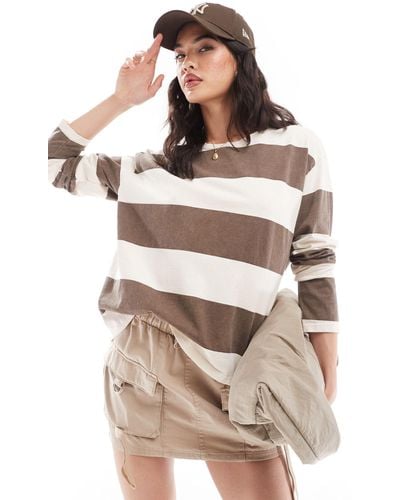 Pull&Bear T-shirts oversize rayé à manches longues - marron - Gris