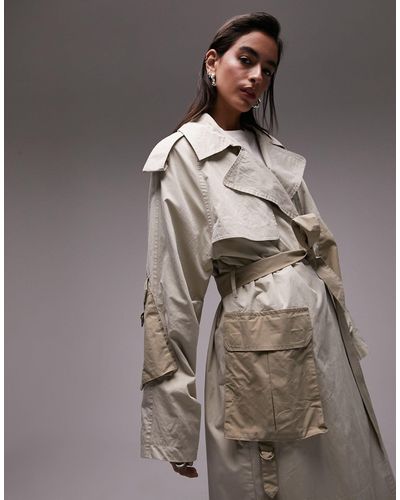 TOPSHOP Trench-coat long fonctionnel avec poche plaquée - kaki foncé - Marron