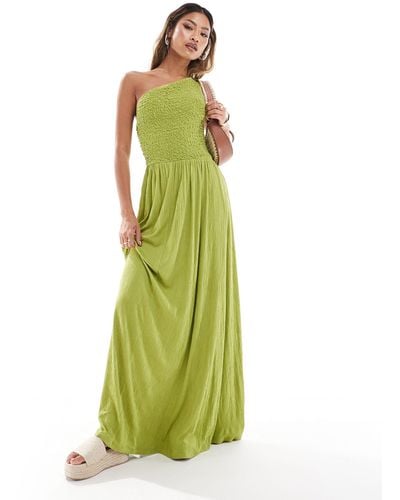 ASOS Shirred Crinkle One Shoulder Maxi Dress - Green