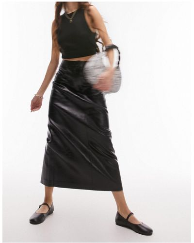 TOPSHOP Leather Look Midi Skirt - Black