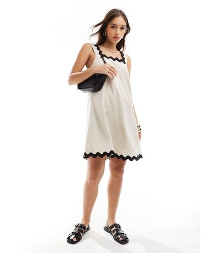 Object Linen Blend A Line Mini Dress With Wavy Trim - White