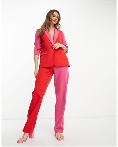 Vila Pantalon d'ensemble habillé coupe fuselée effet color block - rouge et