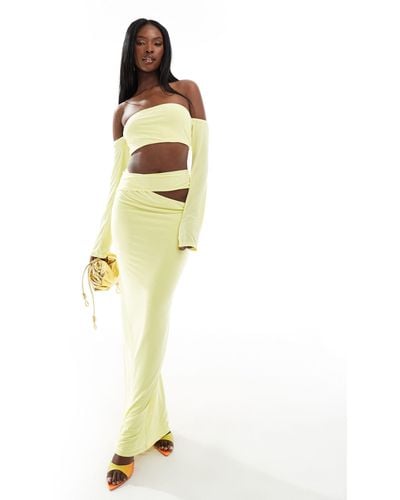 ASOS Long Sleeve Bardot Maxi Dress With Side Cut Out Detail - Metallic