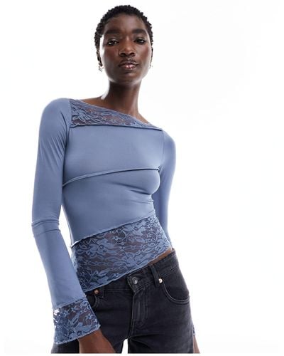 Motel Lace Panel Long Sleeve Top - Blue