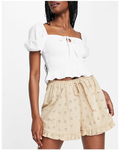ASOS Broderie Shorts With Ruffle Hem And Tie Waist - Natural