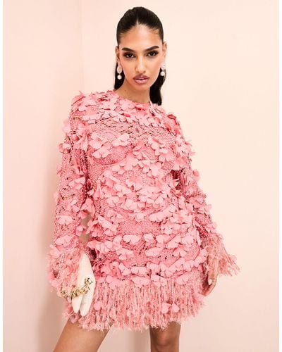 ASOS 3d Floral Embellished Broderie Mini Dress With Faux Feather Trim - Pink