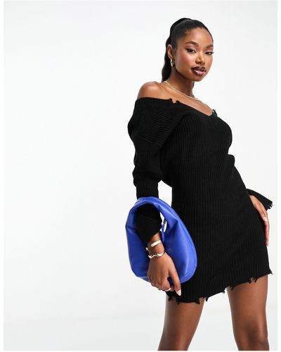 Aria Cove Knitted Off Shoulder Mini Jumper Dress With Distressing - Black