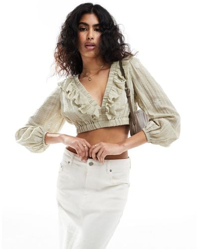Stradivarius Embroidery Blouse With Lace Up Back Detail - White