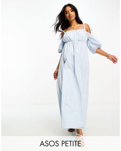ASOS Asos Design Petite Off Shoulder Cotton Midi Dress With Ruched Bust Detail - Blue