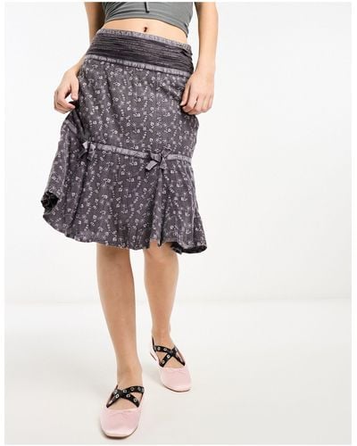 Reclaimed (vintage) Washed Midi Skirt With Ribbon And Bow Detail - Gray