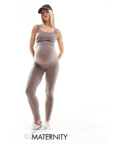 Mama.licious Mamalicious maternity - leggings color tortora a coste senza cuciture con fascia per il pancione - Bianco