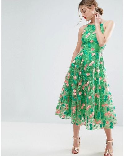 ASOS Salon Floral Embroidered Backless Pinny Midi Prom Dress - Green