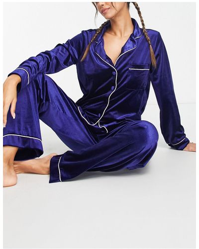 NIGHT Velvet Long Pyjama Set With Contrast Piping - Blue
