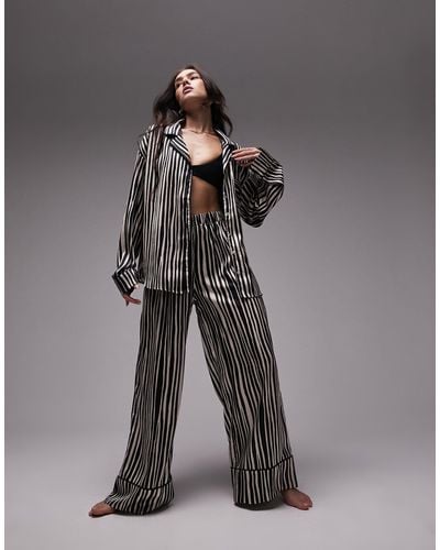TOPSHOP Satin Stripe Print Piped Shirt And Trouser Pyjama Set - Grey
