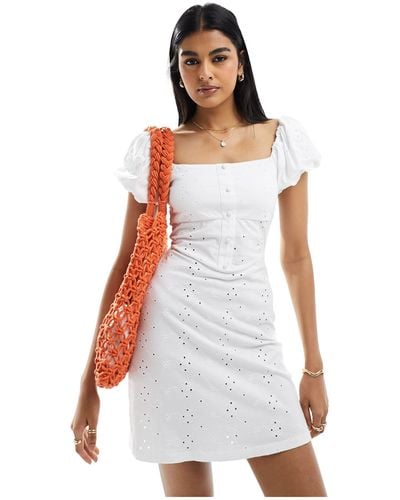 ASOS Broderie Button Corset Mini Dress With Puff Cap Sleeve - White