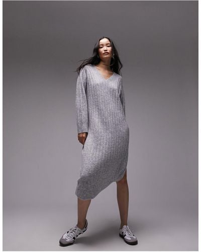 TOPSHOP Knitted Oversized Ribbed V-neck Midi Jumper Dress - Grey