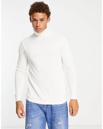 SELECTED Knitted Roll Neck Jumper With Textured Stripe - White