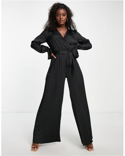 In The Style Exclusive Satin Wrap Detail Pleated Wide Leg Jumpsuit With Belt - Black