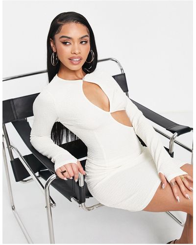 Naanaa White Cut Out Mini Dress With Textured Fabric - Natural