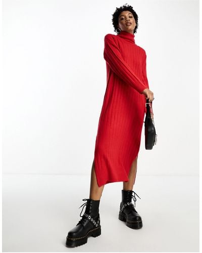 Brave Soul High Neck Slouchy Midaxi Knitted Dress - Red