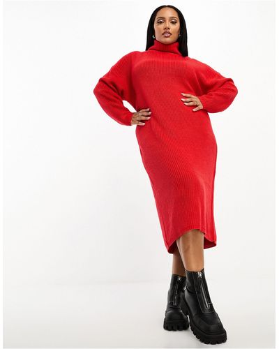 Brave Soul Plus - emma - robe longue en maille à col roulé - Rouge