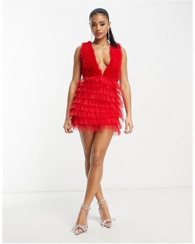 LACE & BEADS Exclusive Heart Cut Out Back Tulle Mini Dress - Red