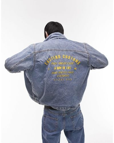 TOPMAN Borg Collar Denim Jacket With Embroidery - Blue