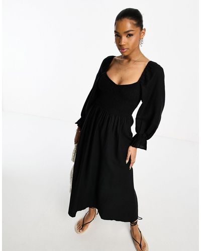New Look Long Sleeve Cut Out Shirred Midi Dress - Black