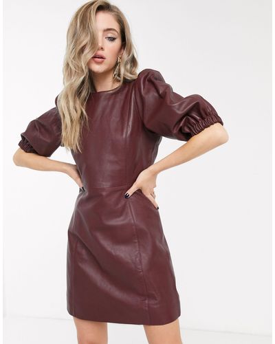 Object Leather Dress With Puff Sleeve - Red