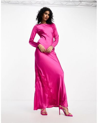 ASOS Satin Long Sleeve Maxi Dress With Lace Applique Detail - Pink