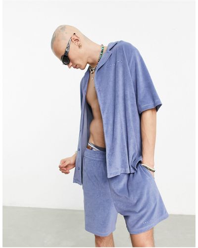 Collusion Branded Towelling Beach Shirt Co Ord - Blue