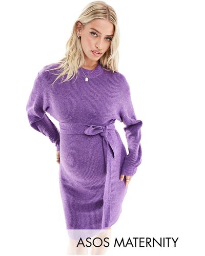 Mama.licious Mamalicious Knitted Tie Waist Midi Dress - Purple
