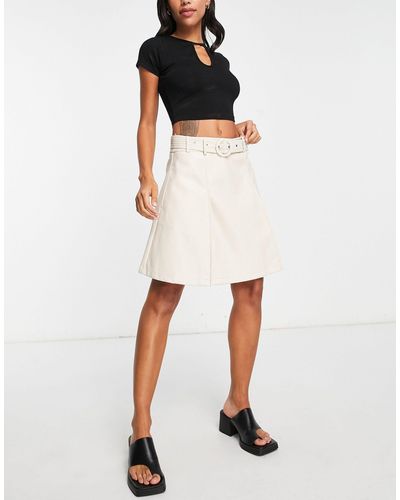 Amy Lynn Belted A Line Leather Look Mini Skirt - White