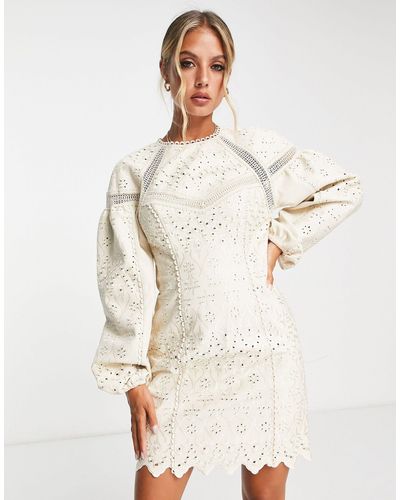 ASOS Pu Broderie Mini Dress With Lace Inserts - Natural