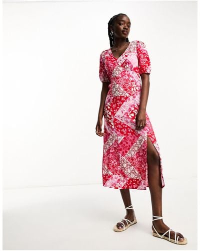 New Look Ruched Front Patchwork Print Midi Dress - Pink