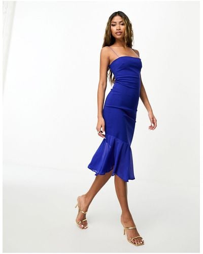 Vesper Cami Strap Midi Dress With Chiffon Detail Hem - Blue