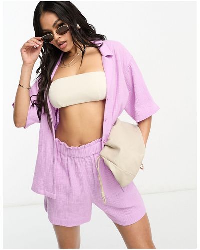 Lindex Beach Loose Fit Wide Sleeve Cheesecloth Textured Shirt Co-ord - Pink