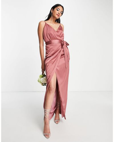 Liquorish Bridesmaid Satin Wrap Maxi Dress With Belt - Pink