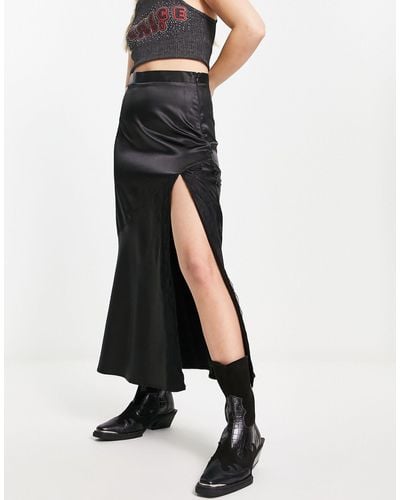 Reclaimed (vintage) Inspired Satin Lace Instert Midi Skirt - Black