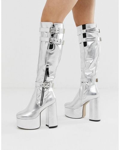 LAMODA Silver Platform Knee High Boots - Metallic