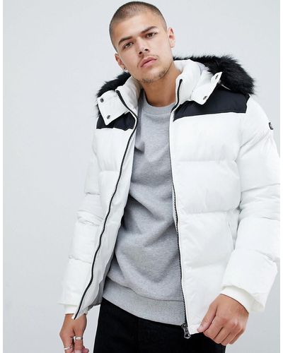 Schott Nyc Puffer Jacket Detachable Hood & Faux Fur Trim 2 Tone Slim Fit In White/black